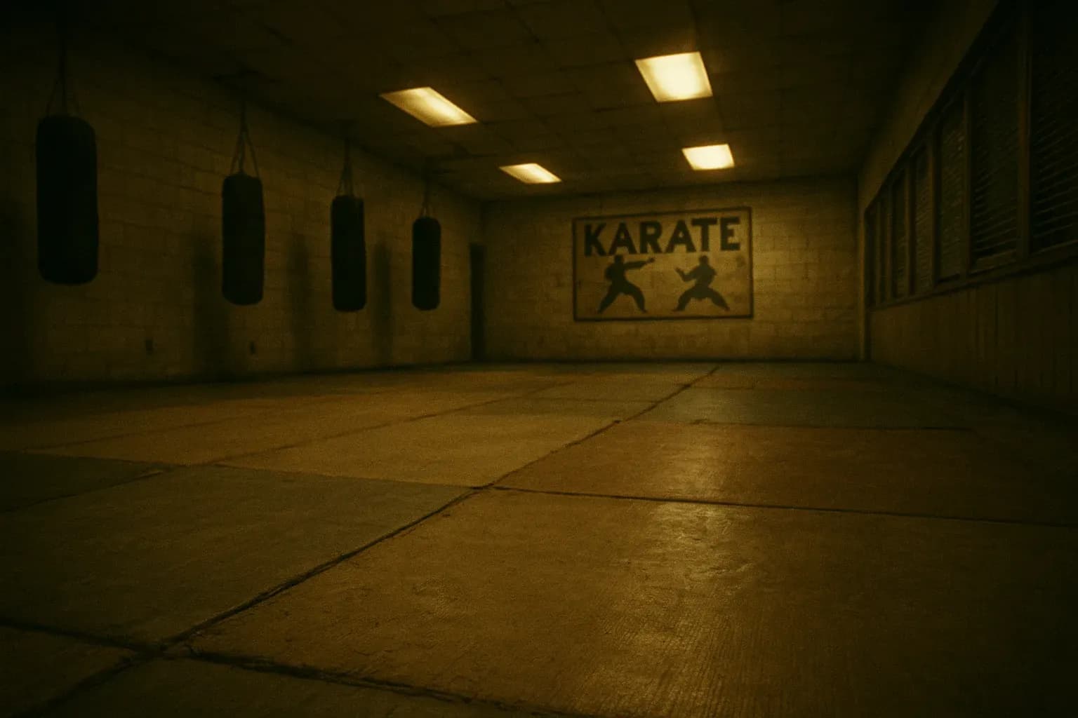 Et støvet karate-studie i 1970'ernes Utah, slidte måtter og et træskilt for kampsportsklasser antyder kultens økonomiske fundament under Immanuel Davids indflydelse.