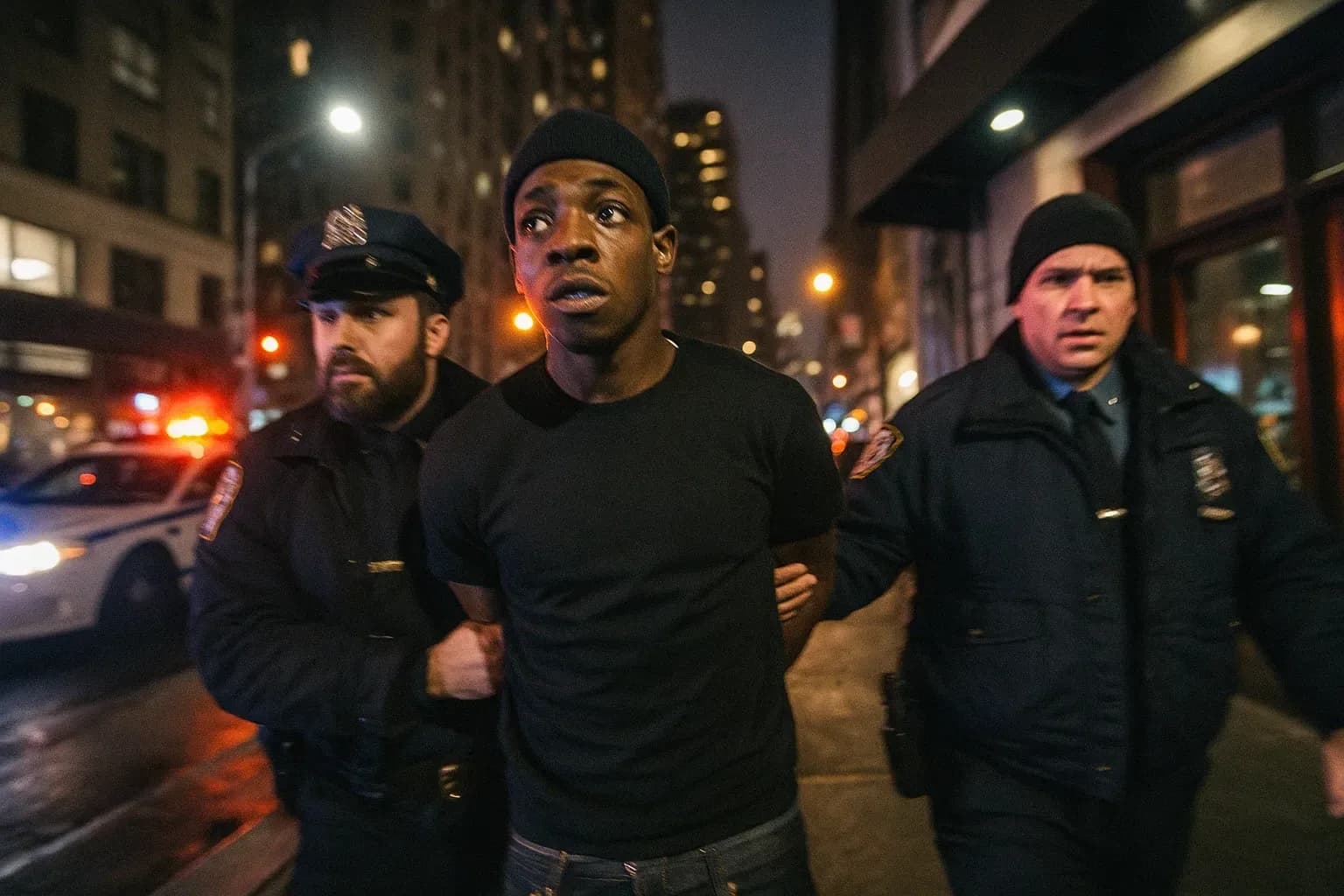 En person, der ligner Bobby Shmurda i håndjern, bliver ført væk af politiet uden for Quad Recording Studios i Manhattan på en kold decembernat, omgivet af blinkende lys og travle bygader.