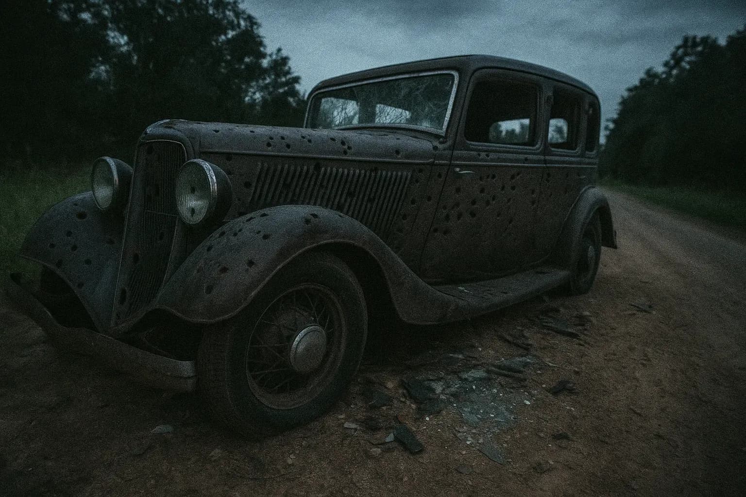 En kuglebeskudt bil står forladt på en landevej nær Gibsland, Louisiana, omgivet af vragdele og knust glas, der symboliserer den voldelige afslutning på Bonnie Parker og Clyde Barrows kriminalitetstogt.