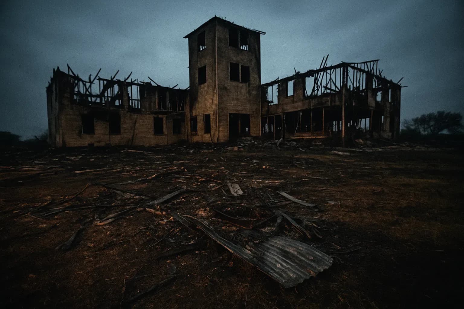 En forkullet, udhulet bygning står midt i spredte vragrester, omgivet af afsvedet jord; rester af Mount Carmel belejringen, hvor en sekt ledet af en skikkelse, der lignede David Koresh, mødte en brændende afslutning.