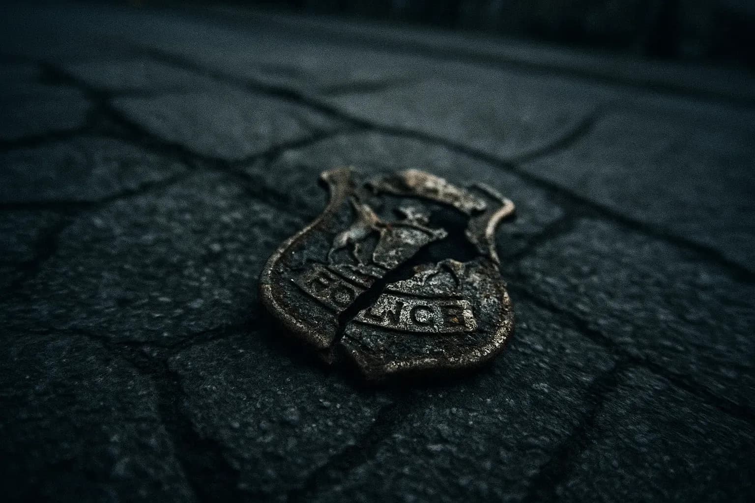 En knækket, rusten politiskilt fra Detroit Politi ligger kasseret på et krakeleret fortov og symboliserer årtier med korruption og skandaler inden for afdelingen.