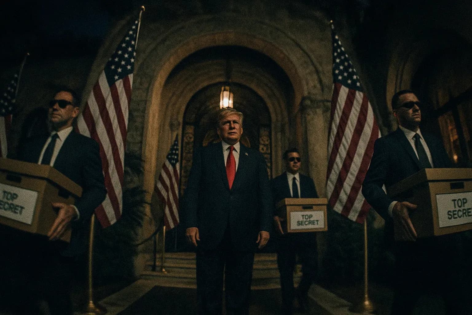 En figur, der ligner Donald Trump, står ved indgangen til Mar-a-Lago, flankeret af amerikanske flag, mens FBI-agenter i jakkesæt og solbriller bærer kasser mærket 'top-hemmelige dokumenter.'