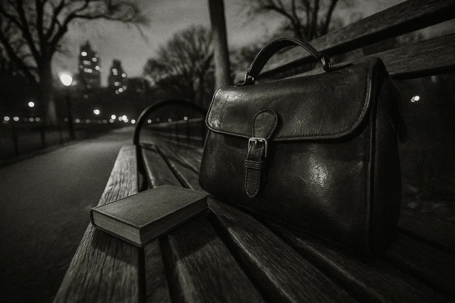 En vintage læderhåndtaske og en lille bog ligger på en parkbænk nær Central Park, hvilket fremkalder mysteriet om Dorothy Arnolds forsvinden i 1910.