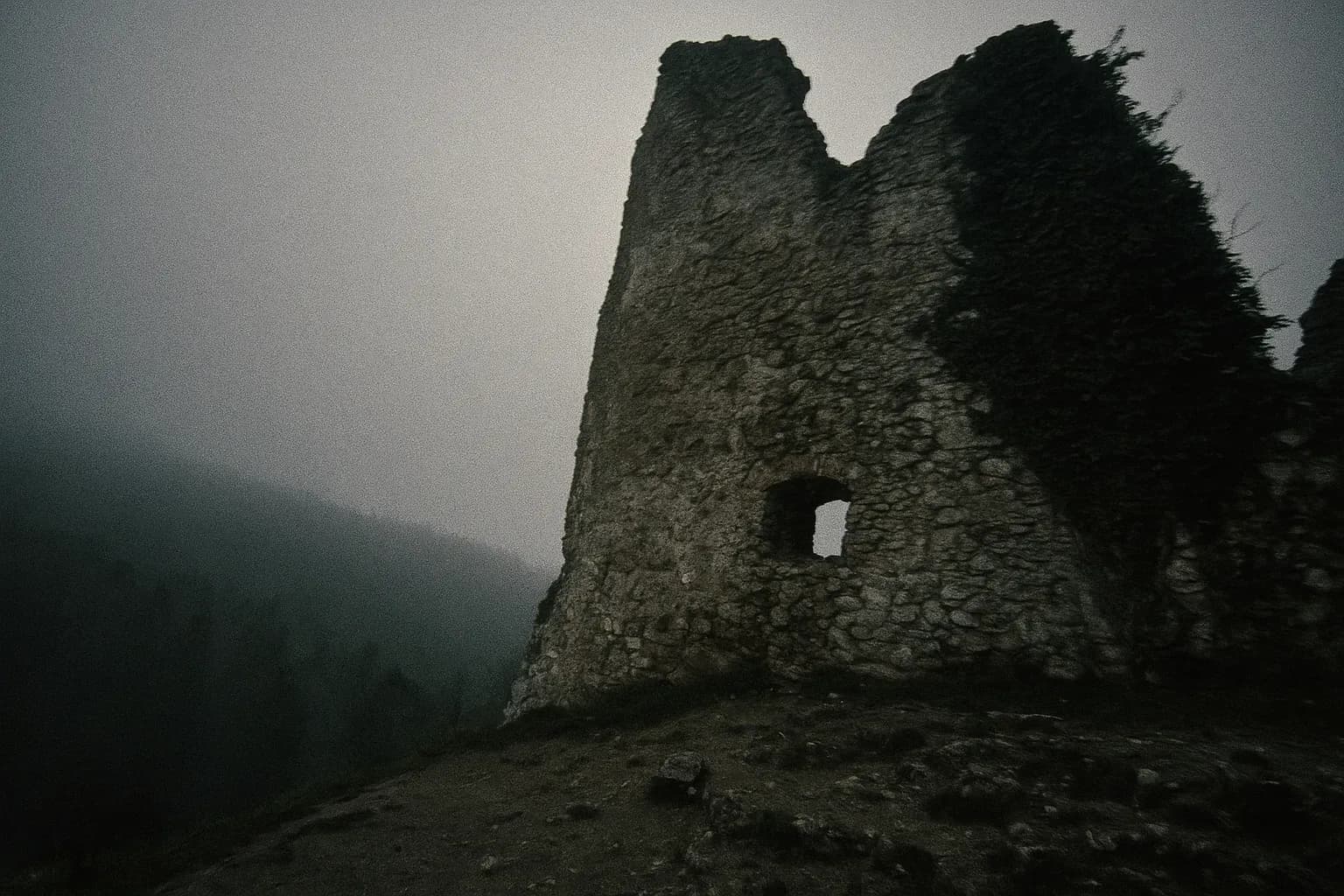 En forfalden gammel mur af Čachtice-slot, begroet med efeu, ser ud over en tåget skov, hvilket vækker den uhyggelige legende om Elizabeth Báthory, mens historier om hendes fortid ekko igennem ruinerne.