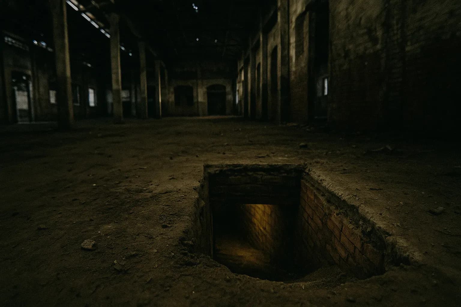 En forladt fabrik i Fortaleza med en skjult indgang til en 80 meter tunnel, der blev brugt i 2005 Banco Central-kuppet, med jord spredt og svagt lys, der oplyser den underjordiske passage.