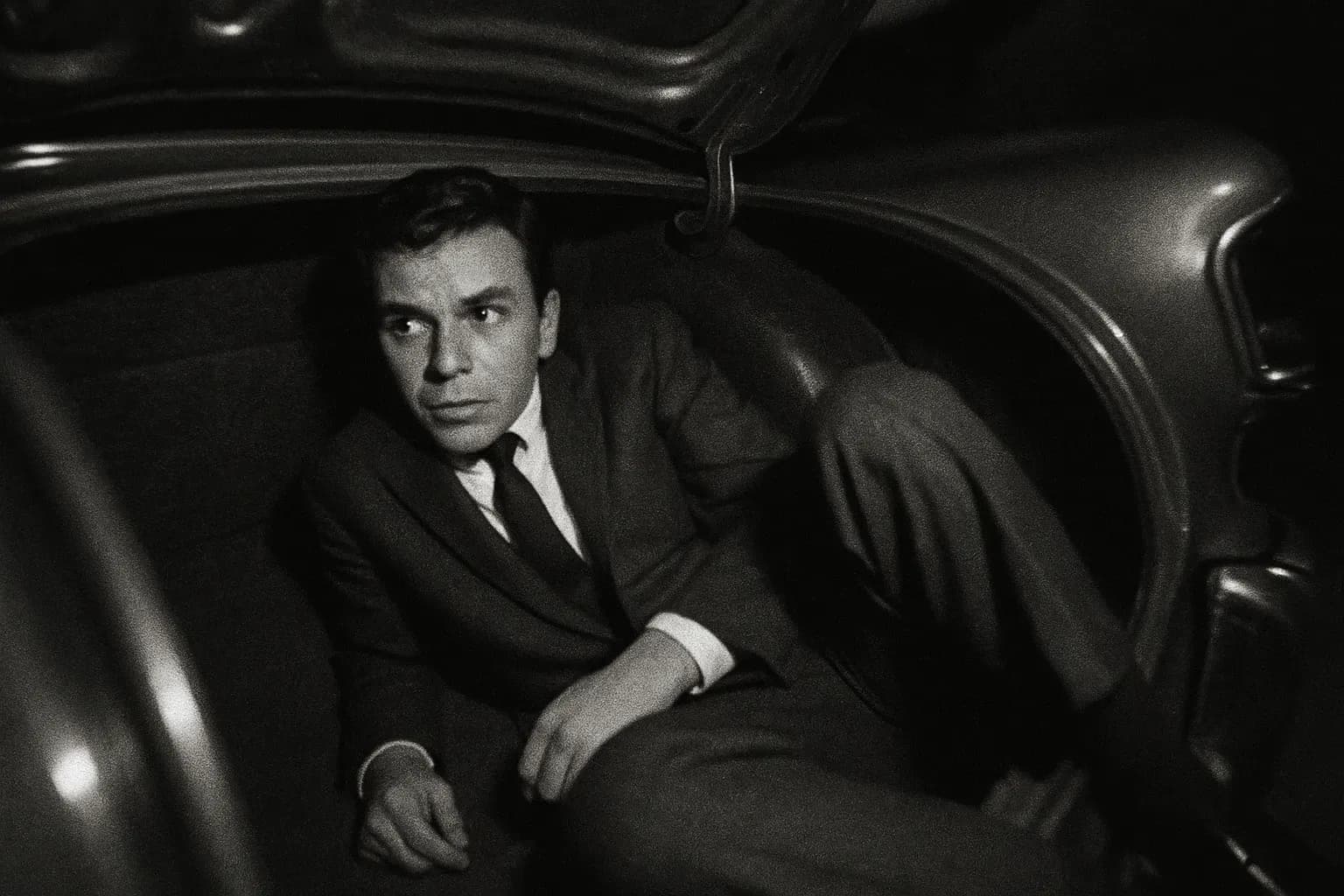 En skikkelse, der ligner en ung Frank Sinatra Jr., sidder i det dunkle indre af bagagerummet på en luksusbil, ser spændt og opmærksom ud og symboliserer hans kidnapningsdrama i 1963.