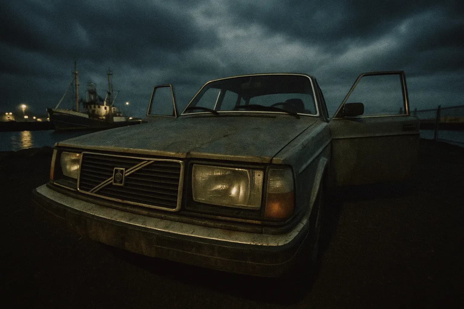 En forladt Volvo-bil står ved Keflavik havn, dens døre er let åbne, under den truende himmel i november 1974—et uhyggeligt spor i de uopklarede forsvindinger af Guðmundur og Geirfinnur.