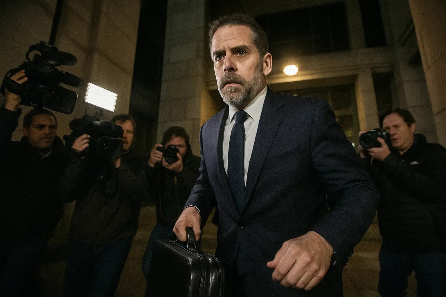 En skikkelse, der ligner Hunter Biden, forlader en føderal bygning i Delaware, omgivet af medierne, med en spændt ansigtsudtryk, synlige hænder, der holder en dokumentmappe.