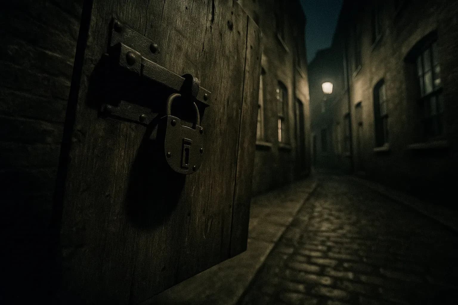 En trædør med en tung jernlås hænger på klem i en svagt oplyst gyde i det 18. århundredes London, hvilket symboliserer Jack Sheppards dristige flugter.