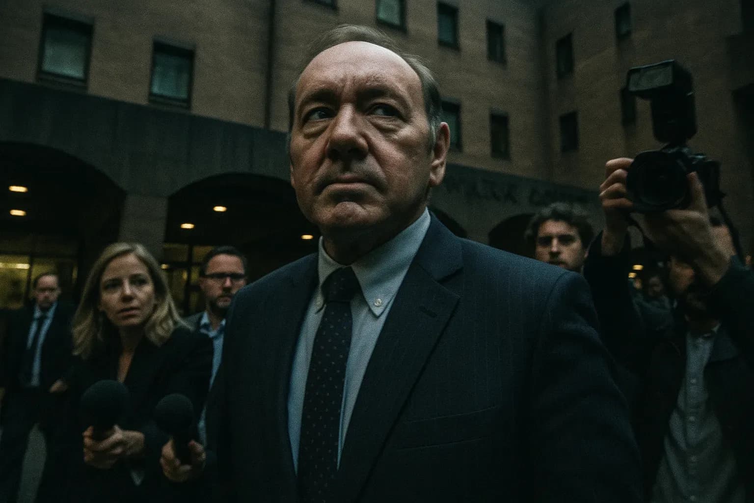 En person, der ligner Kevin Spacey, står udenfor Southwark Crown Court, omgivet af journalister og tilskuere, mens han forlader stedet efter sin frifindelse, med et udtryk af lettelse og eftertænksomhed i ansigtet