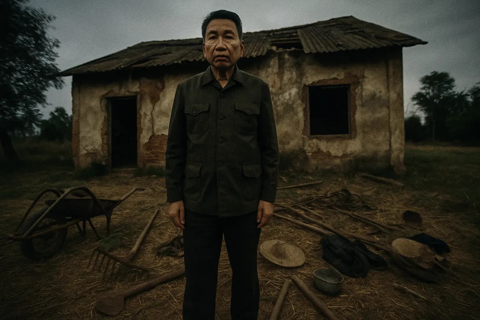 En skikkelse, der ligner Pol Pot, står foran en forfalden bygning i det rurale Cambodja, omgivet af efterladenskaber fra tvangsarbejdsparaphernalia som rustne landbrugsredskaber og forladte personlige ejendele, der symboliserer De Røde Khmerers undertrykkende regime.