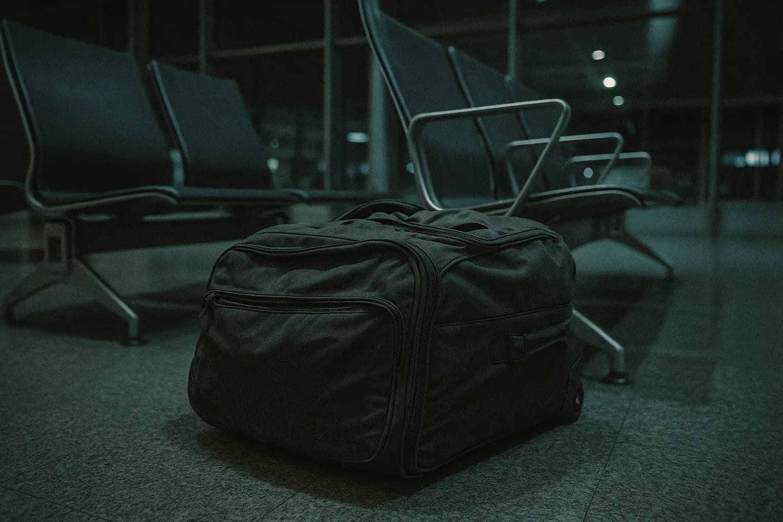 En pjusket kuffert ligger forladt ved siden af en række lufthavnsstole i Varna Lufthavn og symboliserer Lars Mittanks mystiske forsvinden.