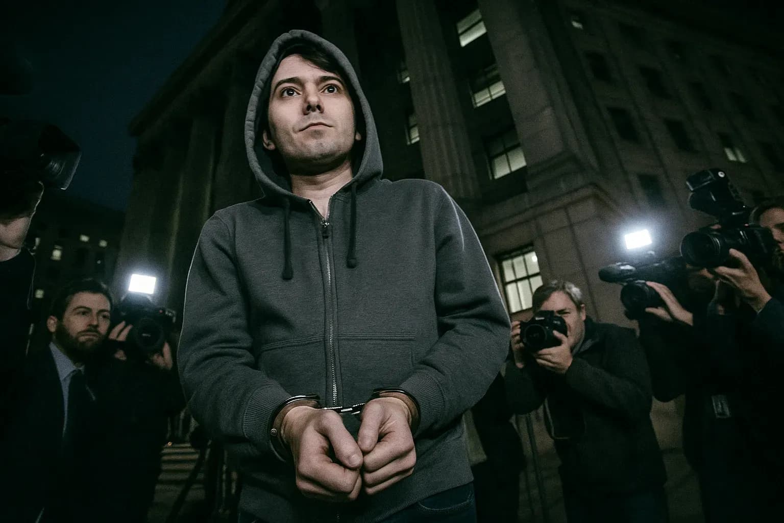 En skikkelse, der ligner Martin Shkreli, iført en hættetrøje og håndjern, står trodsigt uden for en føderal bygning i Manhattan, omgivet af blitzende kameraer og journalister, der fanger det berygtede 'Pharma Bro'-øjeblik.