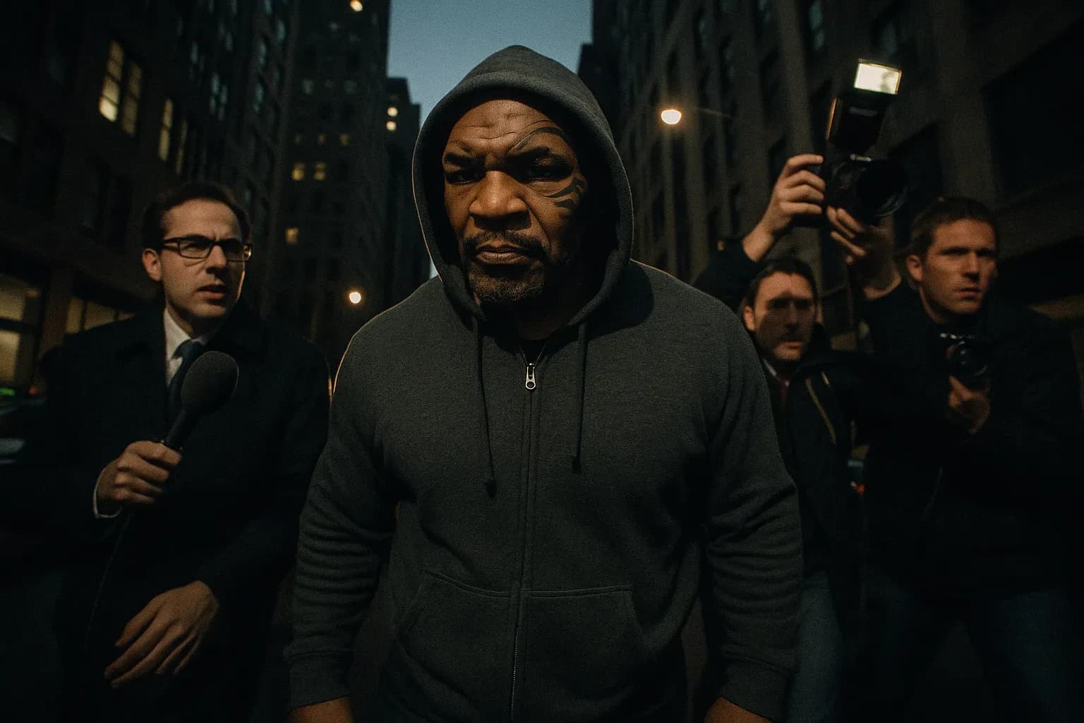 En skikkelse, der ligner Mike Tyson, går gennem en gade i New York iført en mørk hættetrøje, flankeret af journalister og fotografer, med kameraer i hænderne, der indfanger den intense atmosfære omkring ham blandt de nye anklager i 2023.