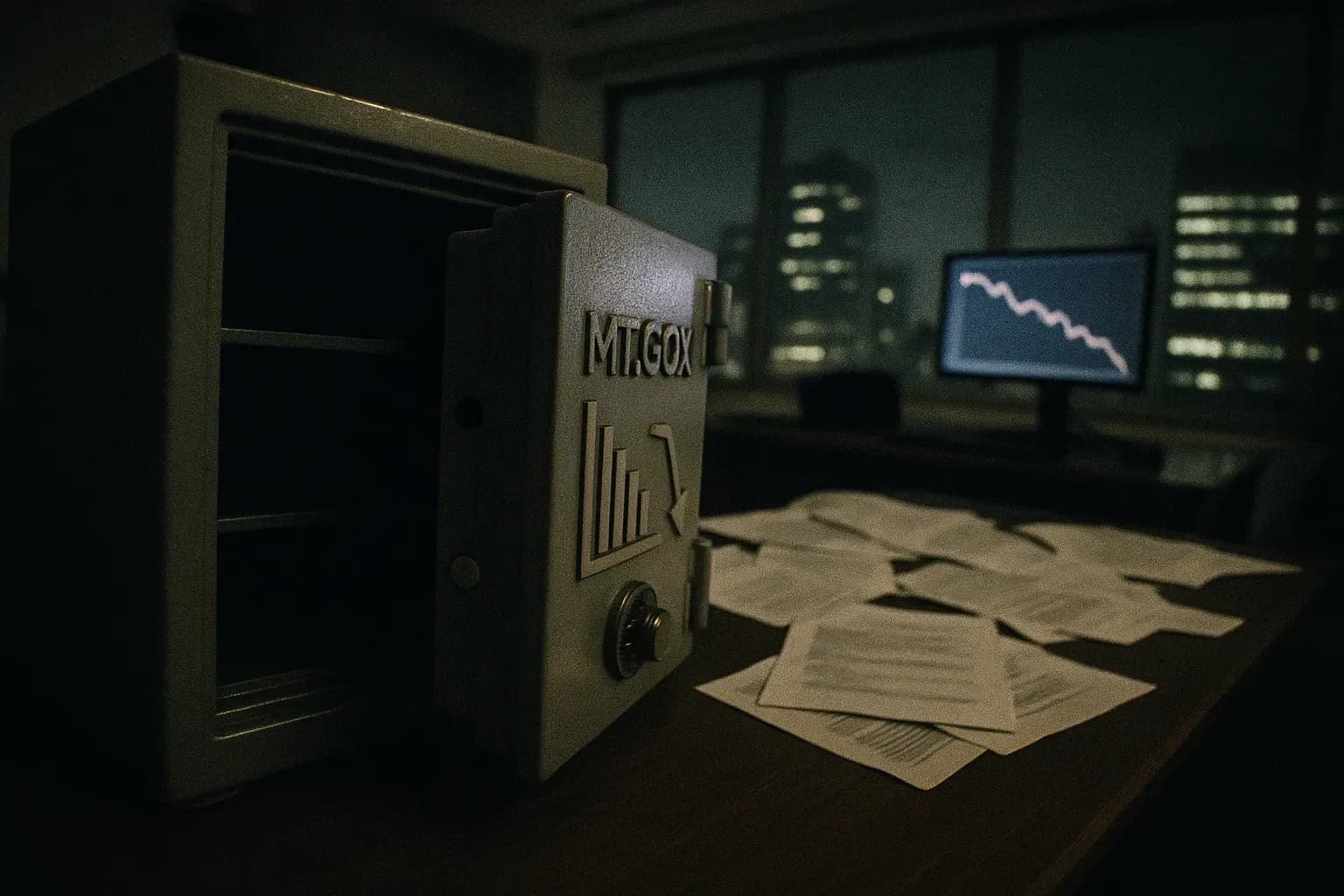 En pengeskab med Mt. Gox-logoet står åbent i et svagt oplyst kontor i Tokyo. Papirer er spredt hen over skrivebordet, og en skærm viser faldende Bitcoin-værdier, hvilket symboliserer sammenbruddet og kaosset i 2014.