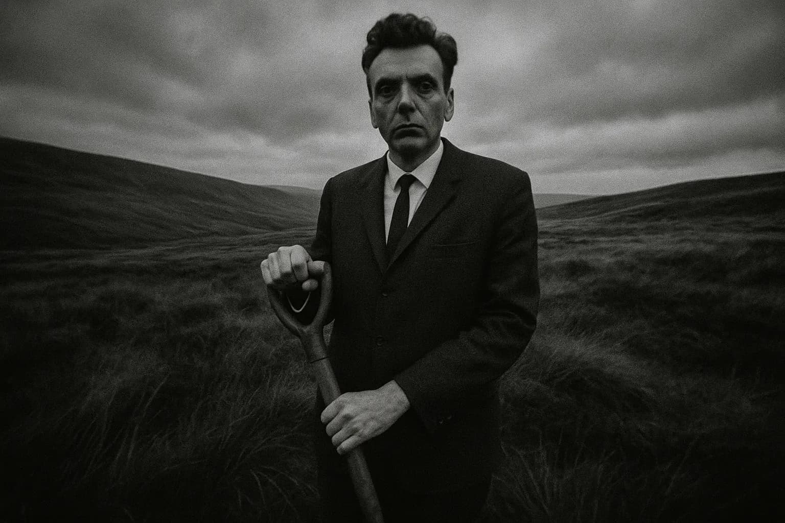 En skikkelse, der ligner Ian Brady, står på Saddleworth Moor og holder en spade, mens hedelandskabet strækker sig ud i det fjerne, hvilket symboliserer den uhyggelige forbindelse til de usete gravsteder for offerne for Moors-mordene.