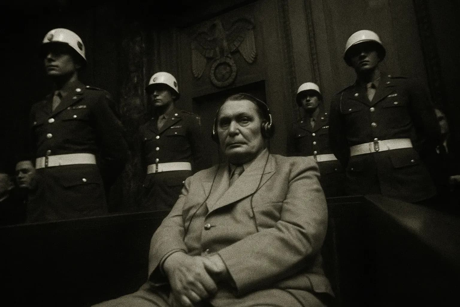 En figur, der ligner Hermann Göring, sidder i tiltaleboksen ved Nürnberg-processerne, omgivet af uniformeret militært personale, med Nürnberg-emblemet diskret synligt i baggrunden.