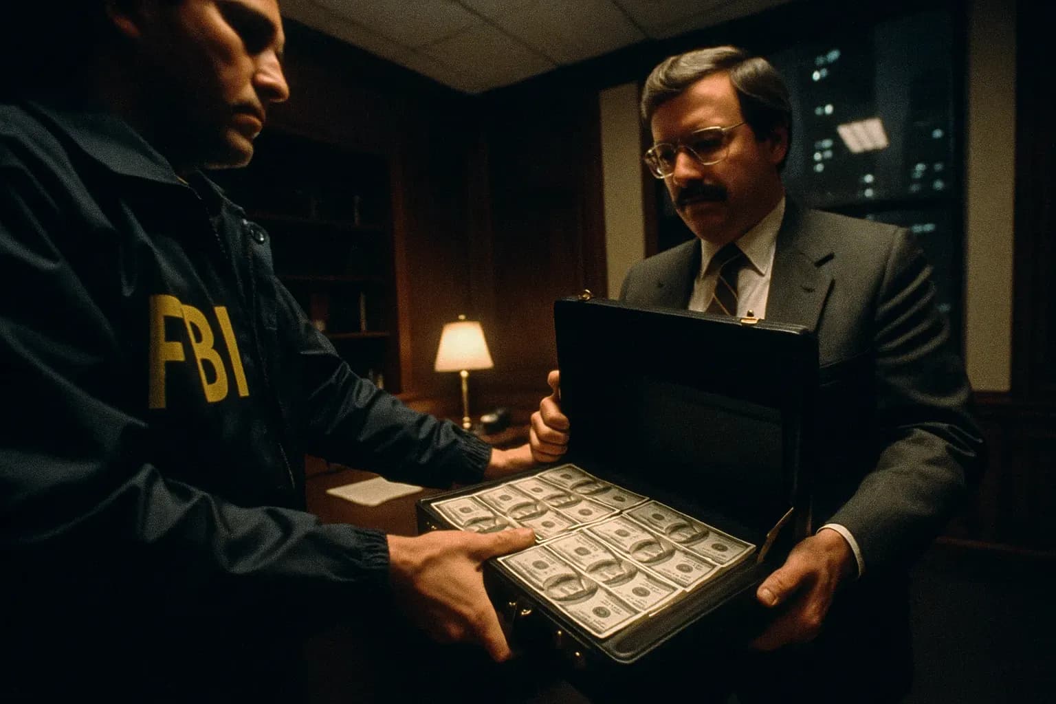 En undercover FBI-agent overdrager en attachémappe fyldt med kontanter til en skikkelse, der ligner Terrence Hake i et svagt oplyst kontor i Chicago, hvilket symboliserer korruptionseksponeringen af Operation Greylord.