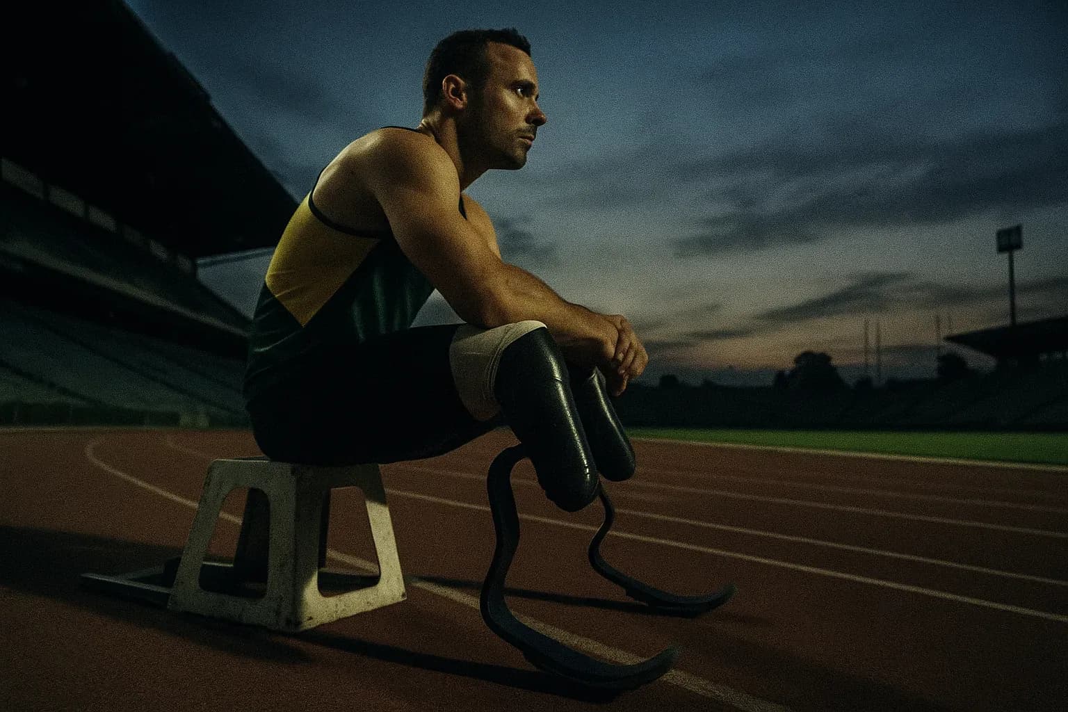 En person, der ligner Oscar Pistorius, sidder på en startblok på en bane i et tomt stadion, iført hans karakteristiske løbeblade, stirrende intenst mod horisonten, mens skumringen falder.