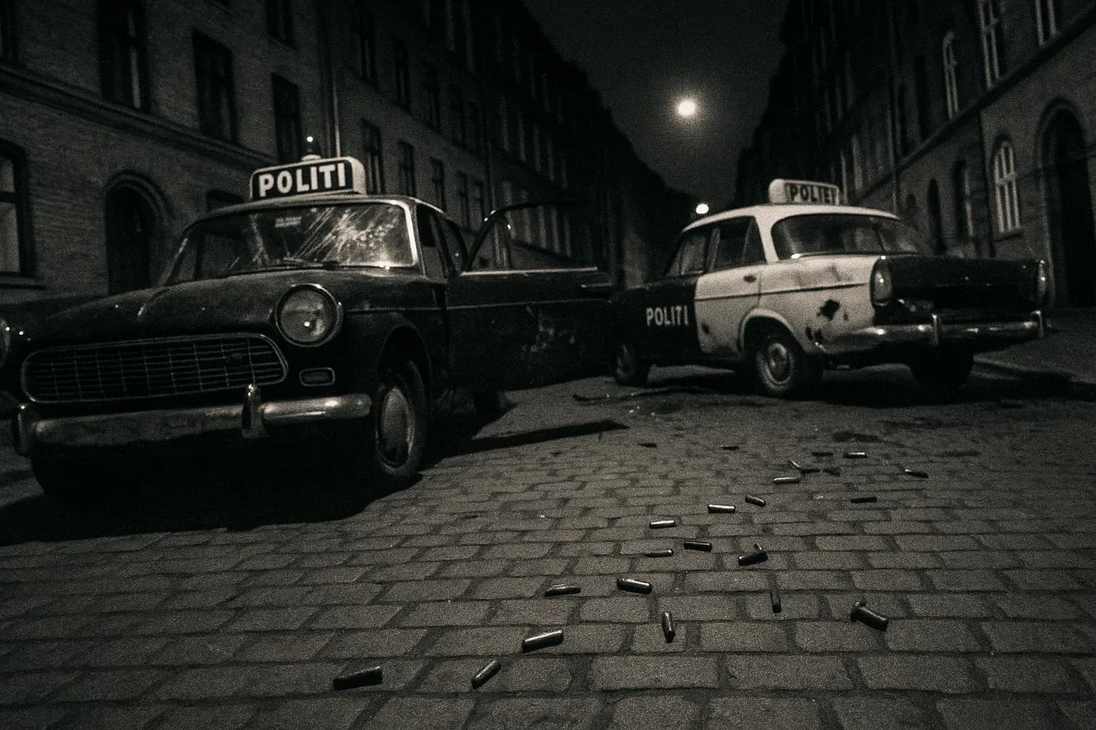 En gade i København fra 1960'erne med vintage politibiler efterladt efter et dødeligt opgør, omgivet af spredte patronhylstre, der indfanger det kaotiske miljø fra Palle Sørensens berygtede firefoldige politimord.