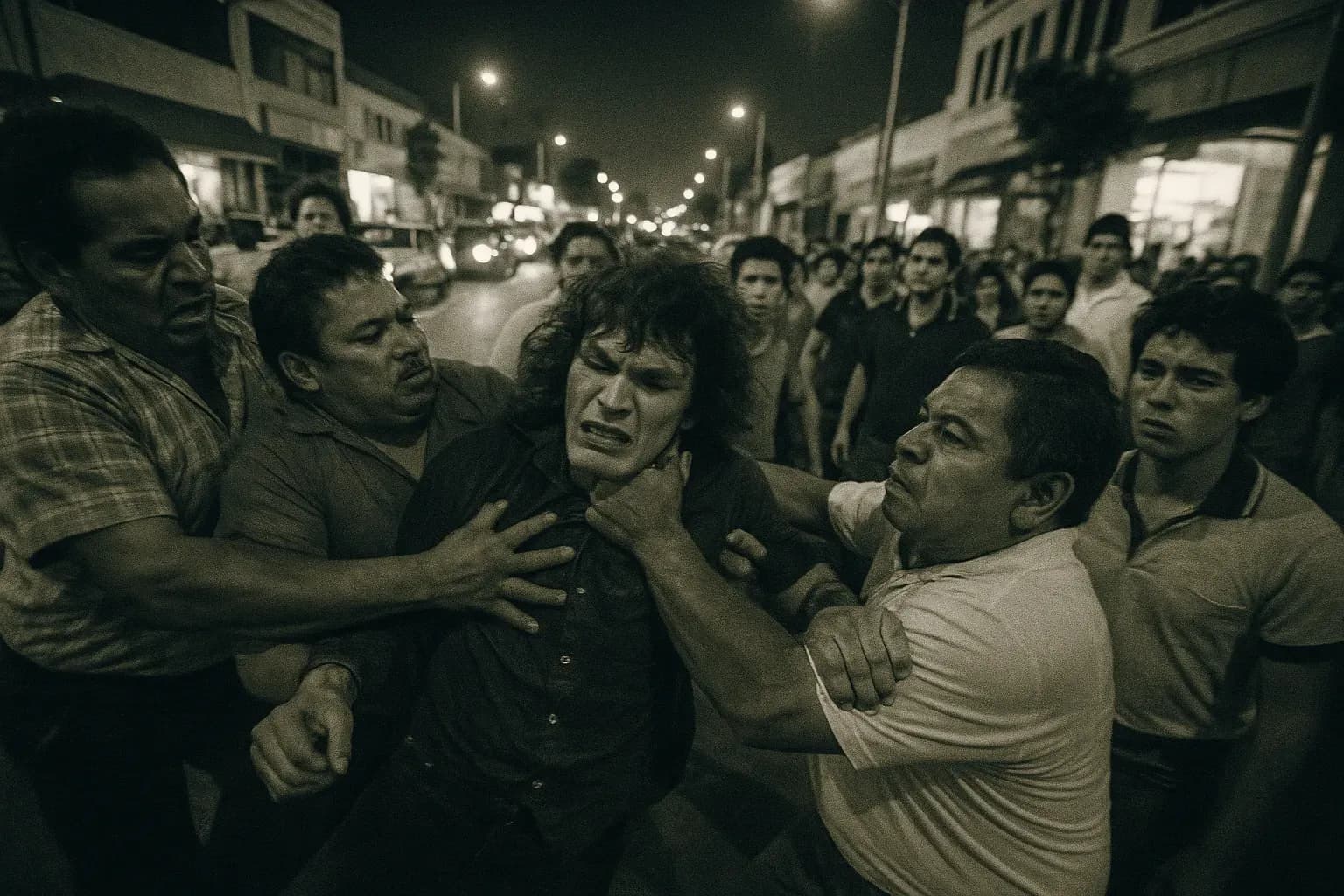 En person, der ligner Richard Ramirez, bliver overmandet af borgere på en travl gade i East Los Angeles, spændingen er tydelig i mængden omkring dem