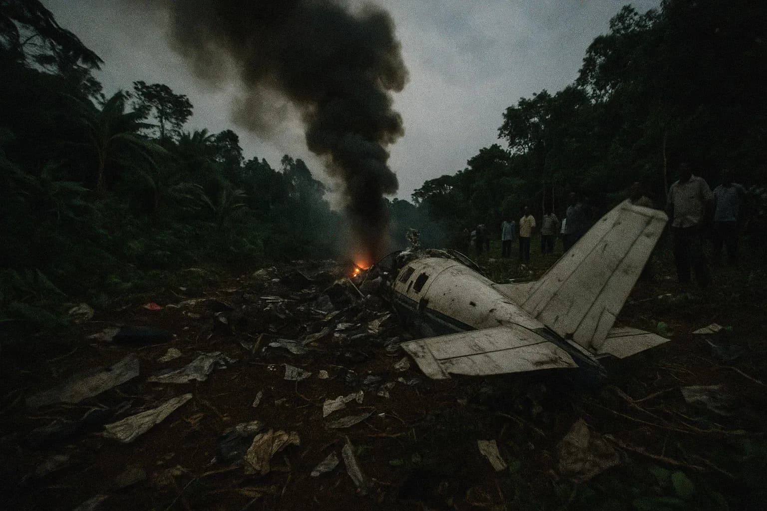 En røgsky stiger over vraget fra et flystyrt i Rwanda, der markerer starten på et folkedrab; spredt vragrester, tæt løv og tilskuere i fjern chok.