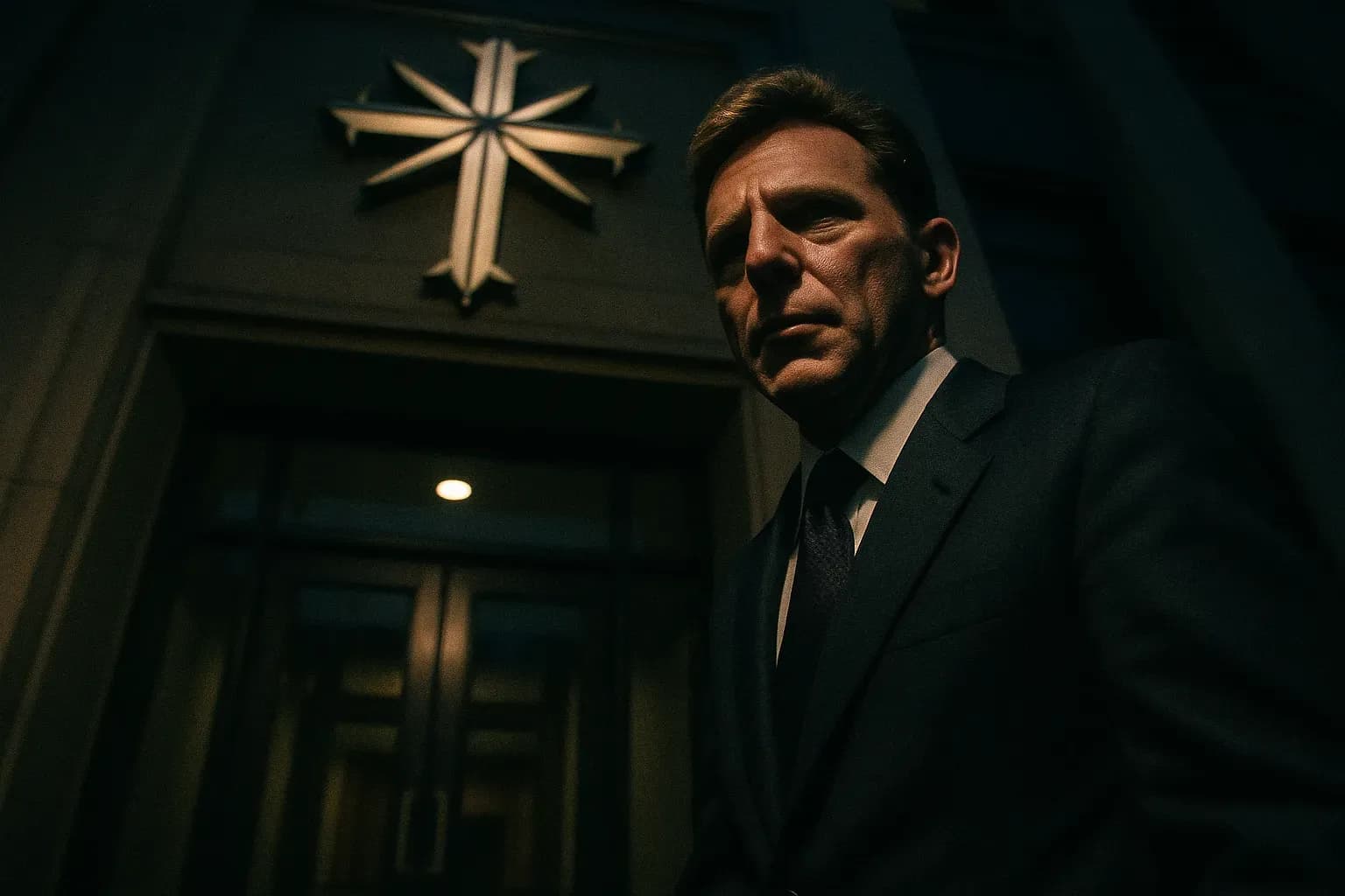 En figur, der ligner David Miscavige, står nær indgangen til en Scientology-bygning, med Scientology Kirkens karakteristiske korslogo synlig over døren.