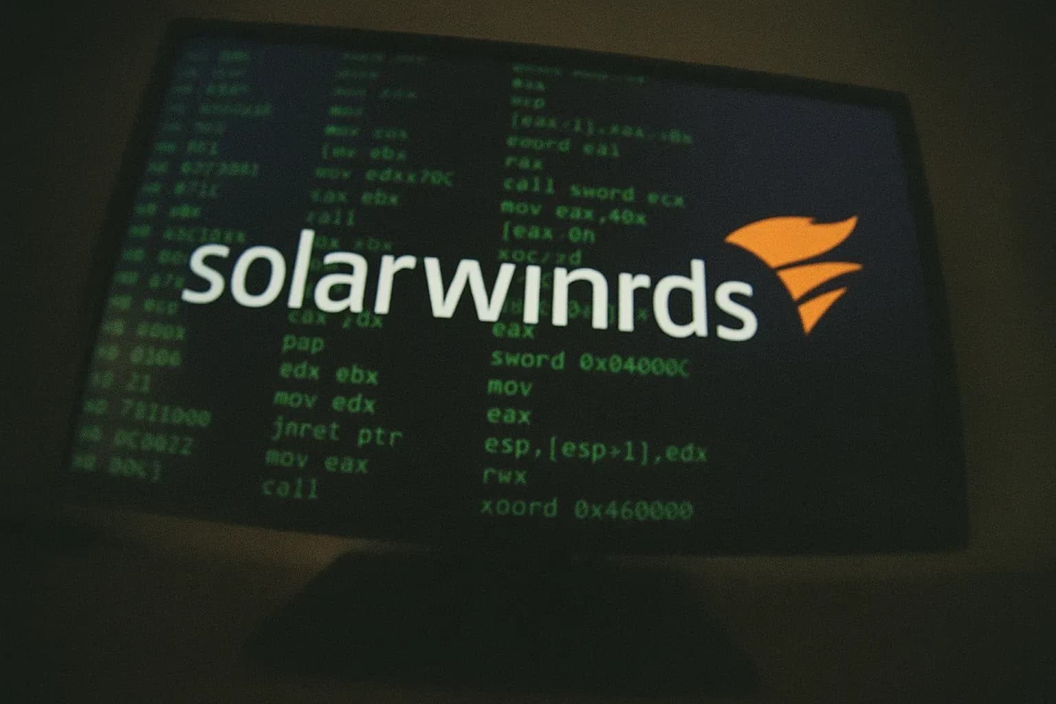 En computerskærm viser SolarWinds-logoet med ondsindet kode kørende, hvilket symboliserer cyber-espionage bruddet orkestreret af de russiske SVR-hackere.