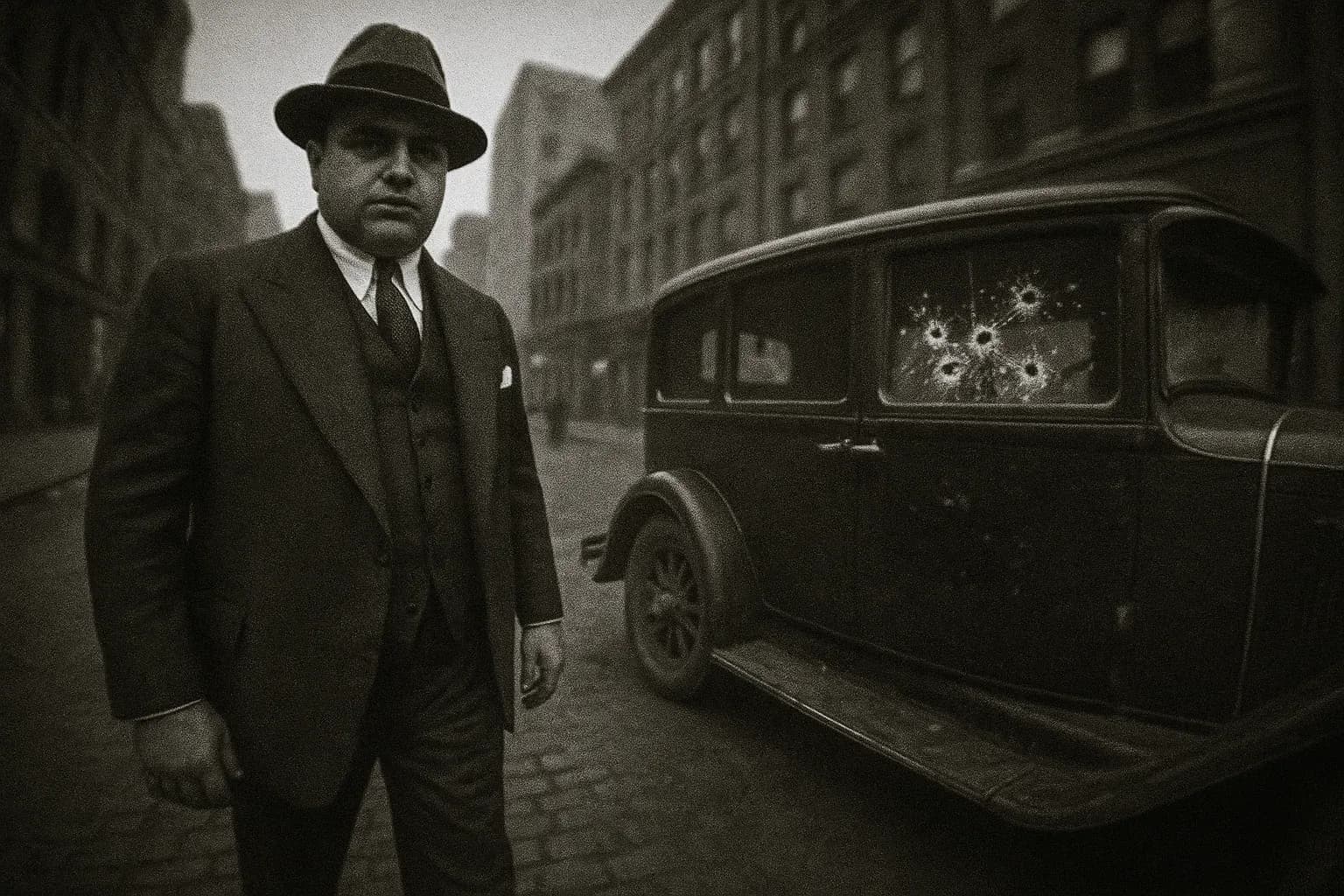 En figur, der ligner Al Capone, står på en gade i Chicago i slutningen af 1920'erne, iført en skræddersyet dragt og en fedora, nær en efterladt bil med kuglebeskudte ruder, og fanger eftervirkningerne af et bandeopgør.