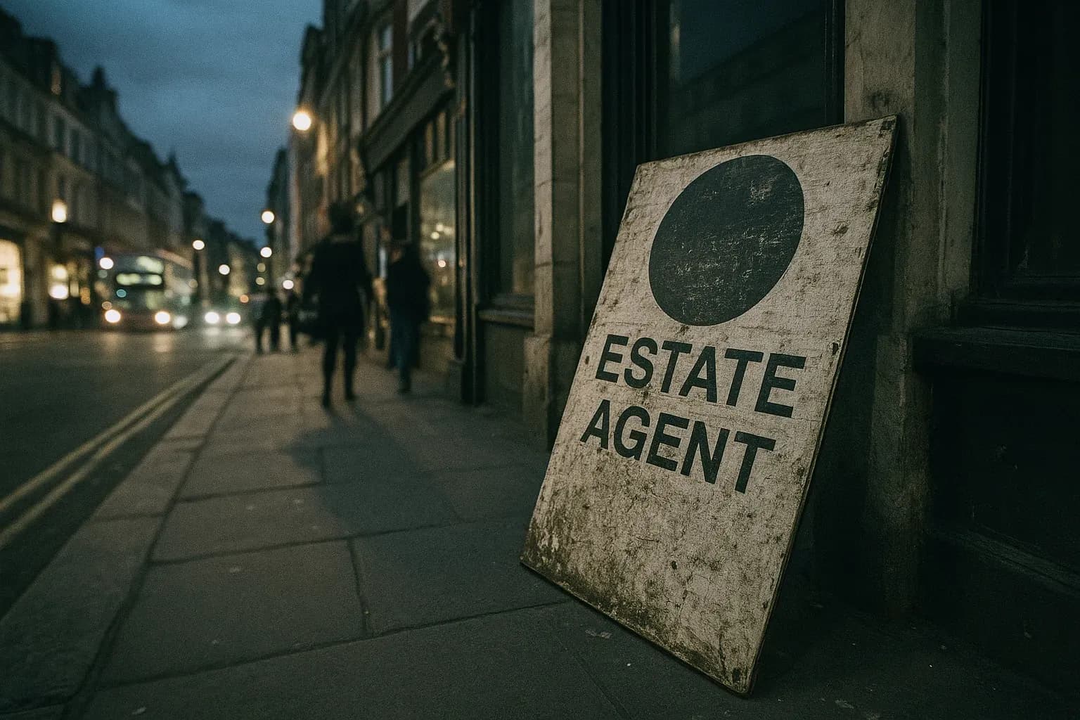 Et vejrbidt ejendomsmæglerskilt læner sig mod en tom butik i London og symboliserer Suzy Lamplughs uopklarede forsvinden, mens nabolaget summer i baggrunden.