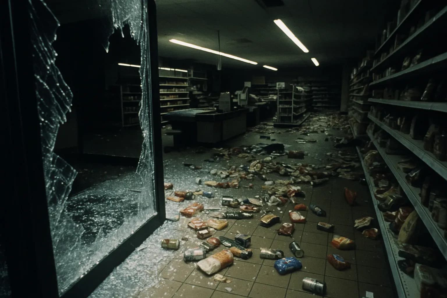 En Delhaize-supermarked i Aalst, Belgien, med knust glas og spredte dagligvarer, eftervirkningerne af Nivelles-bandens berygtede massakre i 1985, som indkapsler frygten og kaosset efterladt af Brabant-dræberne.