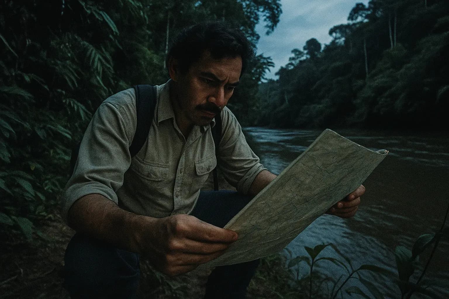 En skikkelse, der ligner Michael de Guzman, står ved bredden af Busang-floden i Borneo, og studerer et kort med en intens fokuseret udtryk, omgivet af tætte jungleblade.