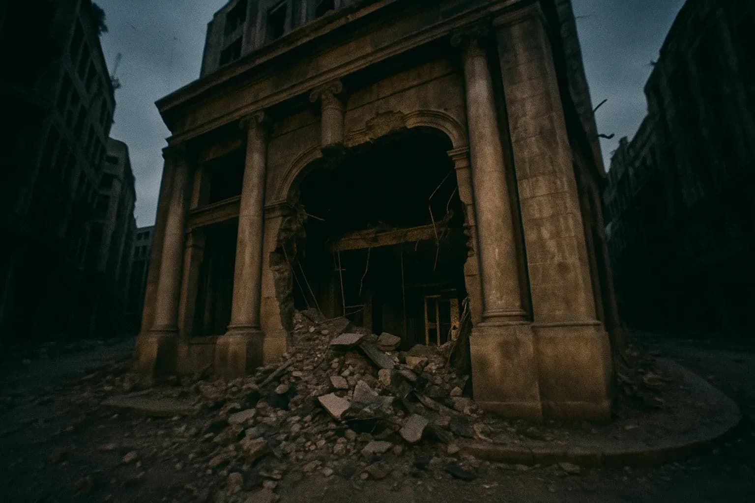 En delvist kollapset væg af den britiske bank i Mellemøsten i Beirut, der afslører et gabende hul med murbrokker og affald, midt i baggrunden af den igangværende libanesiske borgerkrig.
