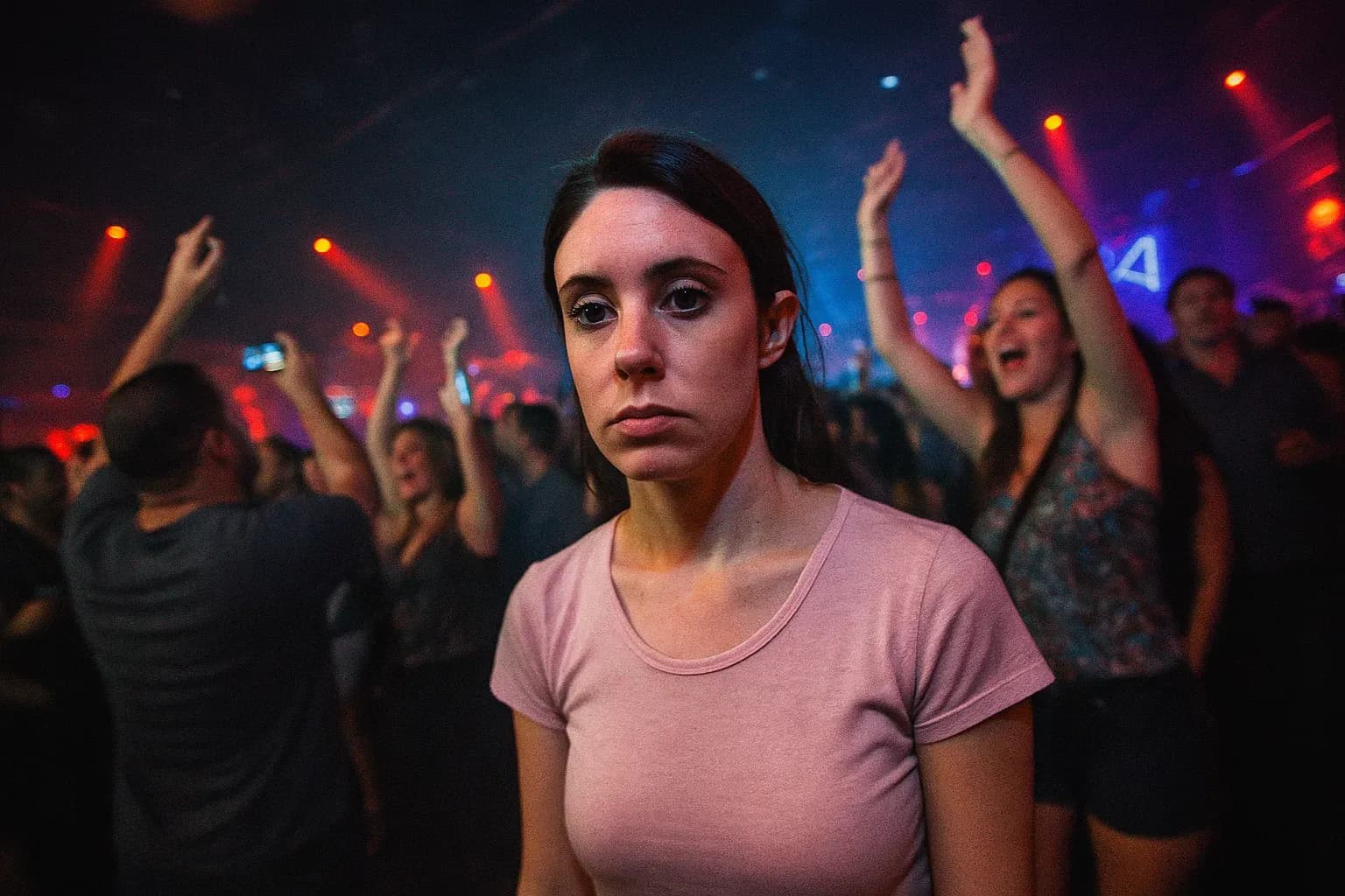 En skikkelse, der ligner Casey Anthony, står i en natklub i Orlando, omgivet af festdeltagere, med et udtryk der er adskilt og ligegyldigt midt i folkemængdens entusiasme.