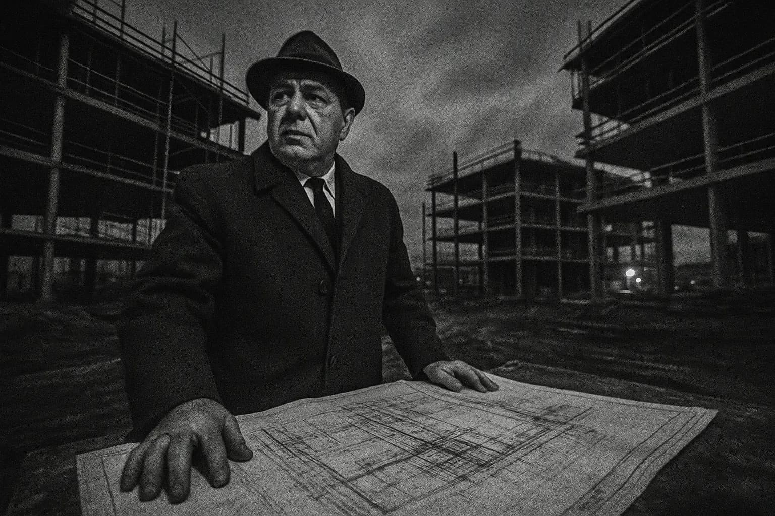 En figur, der ligner Simone “Sam the Plumber” DeCavalcante, står på en byggeplads, omgivet af tegninger og halvfærdige strukturer, der symboliserer hans kontrol over New Jerseys byggebranche i 1960'erne.
