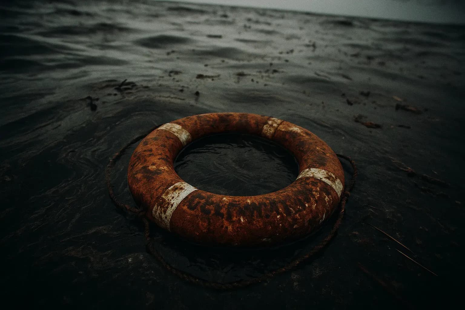 En rustende redningskrans fra olieboreplatformen mærket 'Deepwater Horizon' flyder i det forurenede vand i Den Mexicanske Golf, omgivet af oliespild og affald.