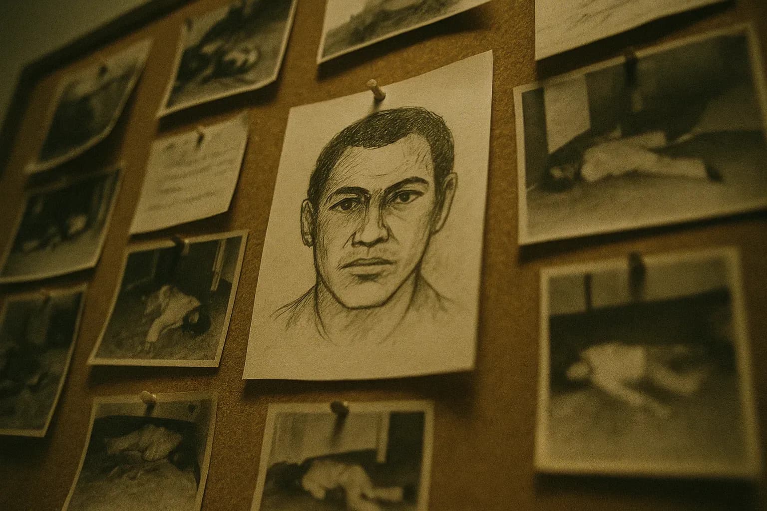 En skitse af en mands ansigt fastgjort til en opslagstavle i en politistation i San Francisco, omgivet af falmede kriminalitetsfotos og noter fra 1970'erne, der antyder jagten på den undvigende seriemorder 'Doodler'.