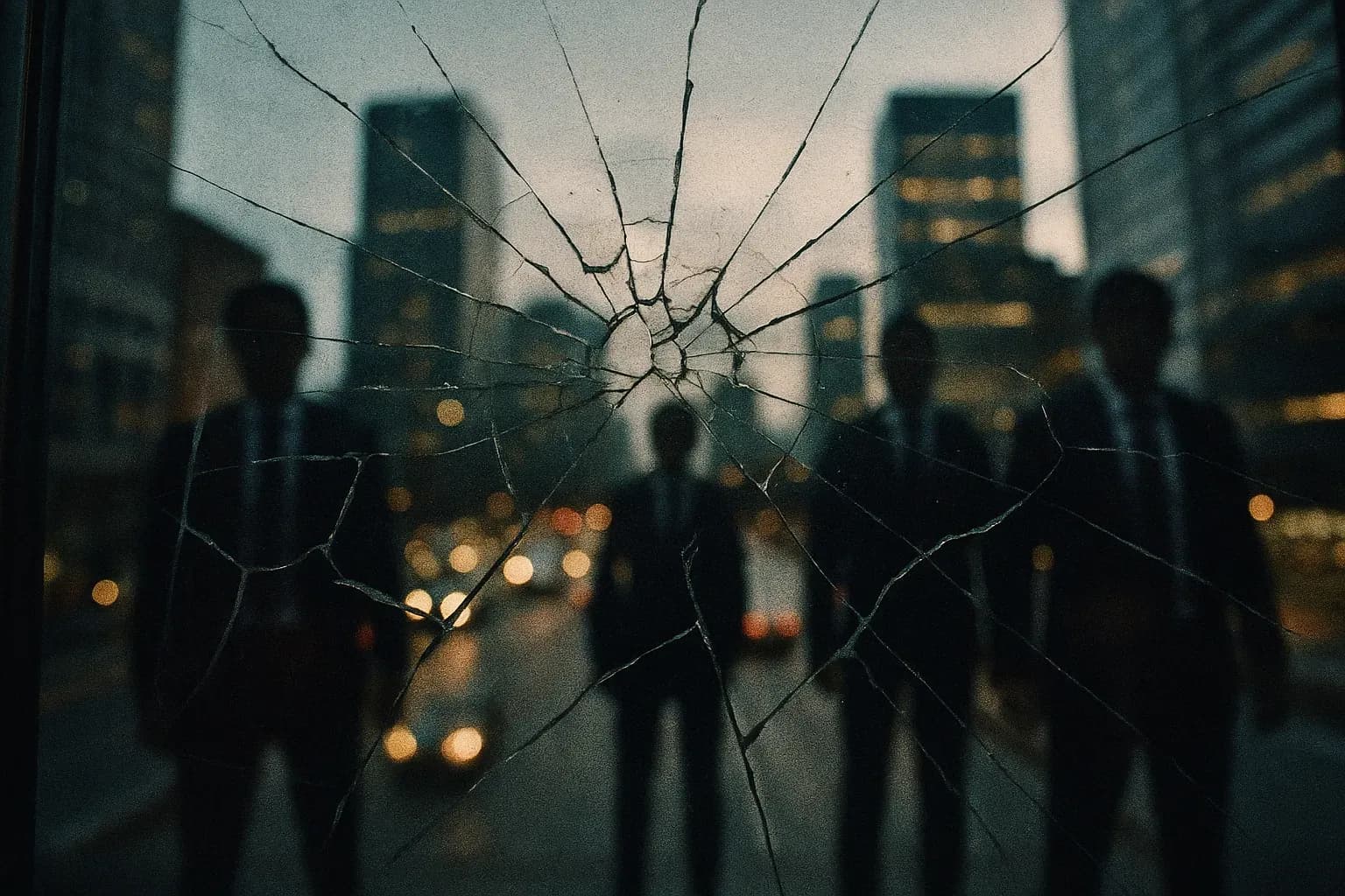 Et sprængt Equifax-logo på en glasdør med reflektion af anonyme figurer i jakkesæt, der symboliserer spionage og sikkerhedsbrist, mod baggrunden af et travlt bylandskab.