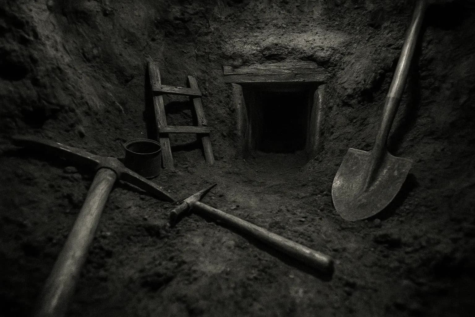 En smal, delvist skjult tunnelingang ved Stalag Luft III, omgivet af improviserede værktøjer og jord, der symboliserer flugtruten brugt af 76 allierede fanger under Anden Verdenskrig.