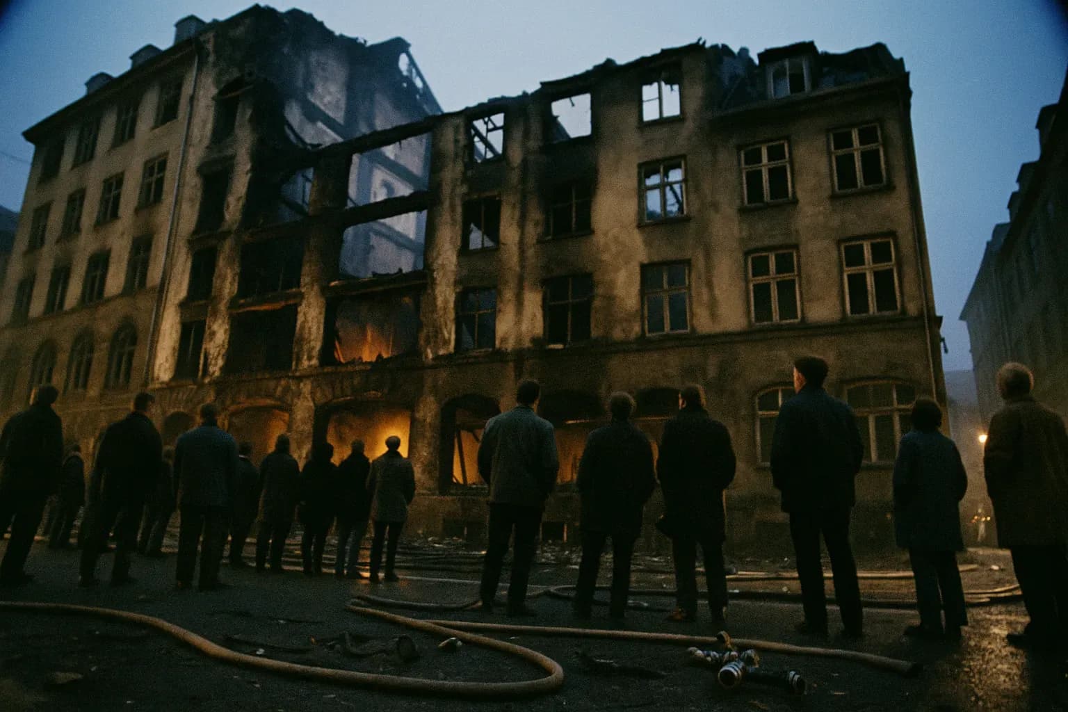 En forkullet og delvist nedrevet facade af Hotel Hafnia, med en gruppe alvorlige tilskuere og rester af brandsikringsudstyr spredt på jorden, der symboliserer eftervirkningerne af tragedien i 1973.