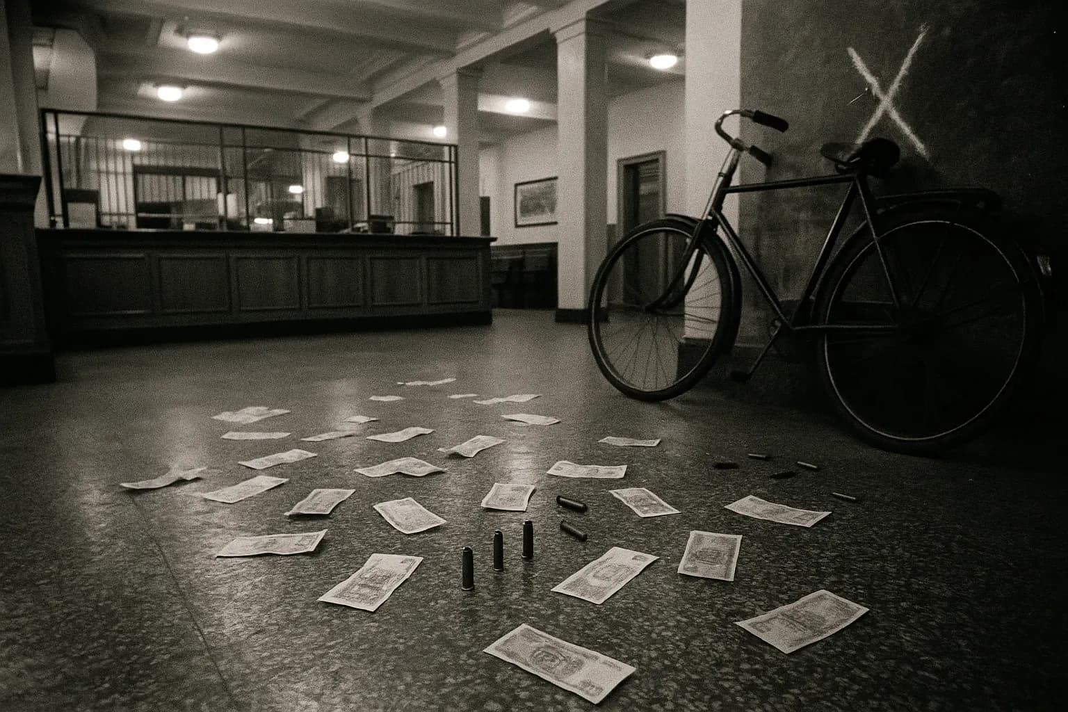 En Landmandsbanken fra 1950'erne i København, interiør med spredte sedler og patronhylstre på gulvet, ved siden af en cykel der læner sig op ad en væg prydet med et kridttegnet 'X'-symbol.