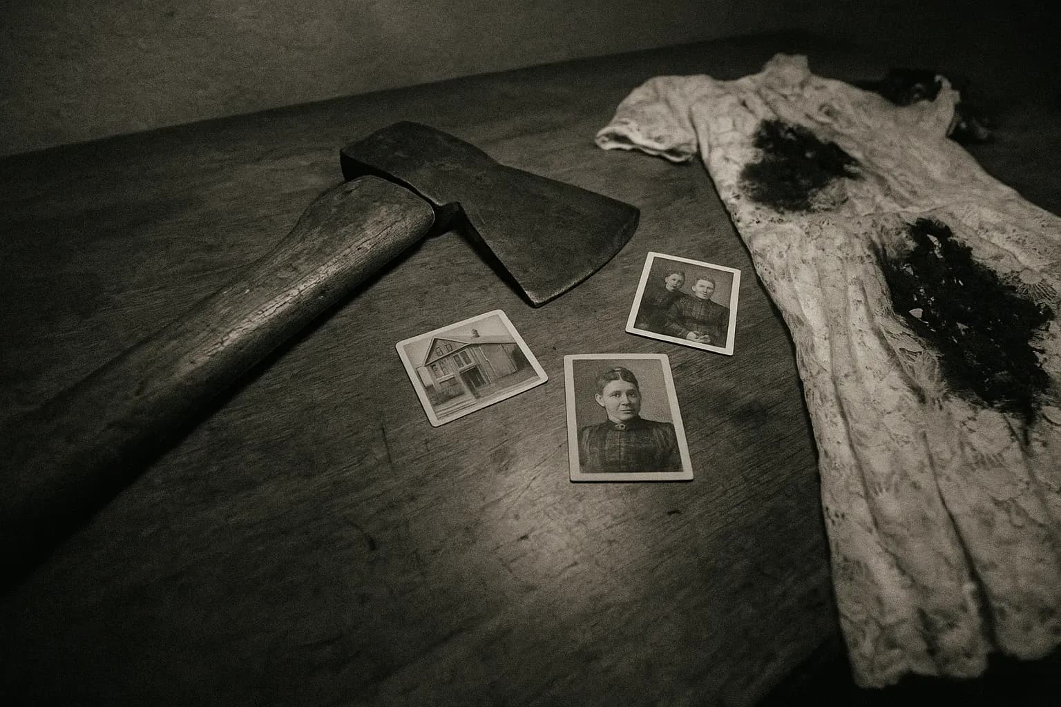 En velbrugt økse hviler på et træbord, dens håndtag viser tegn på alder, omgivet af gamle familiefotos og en delvis brændt kjole, der symboliserer det uløste mysterium om Borden-mordene.