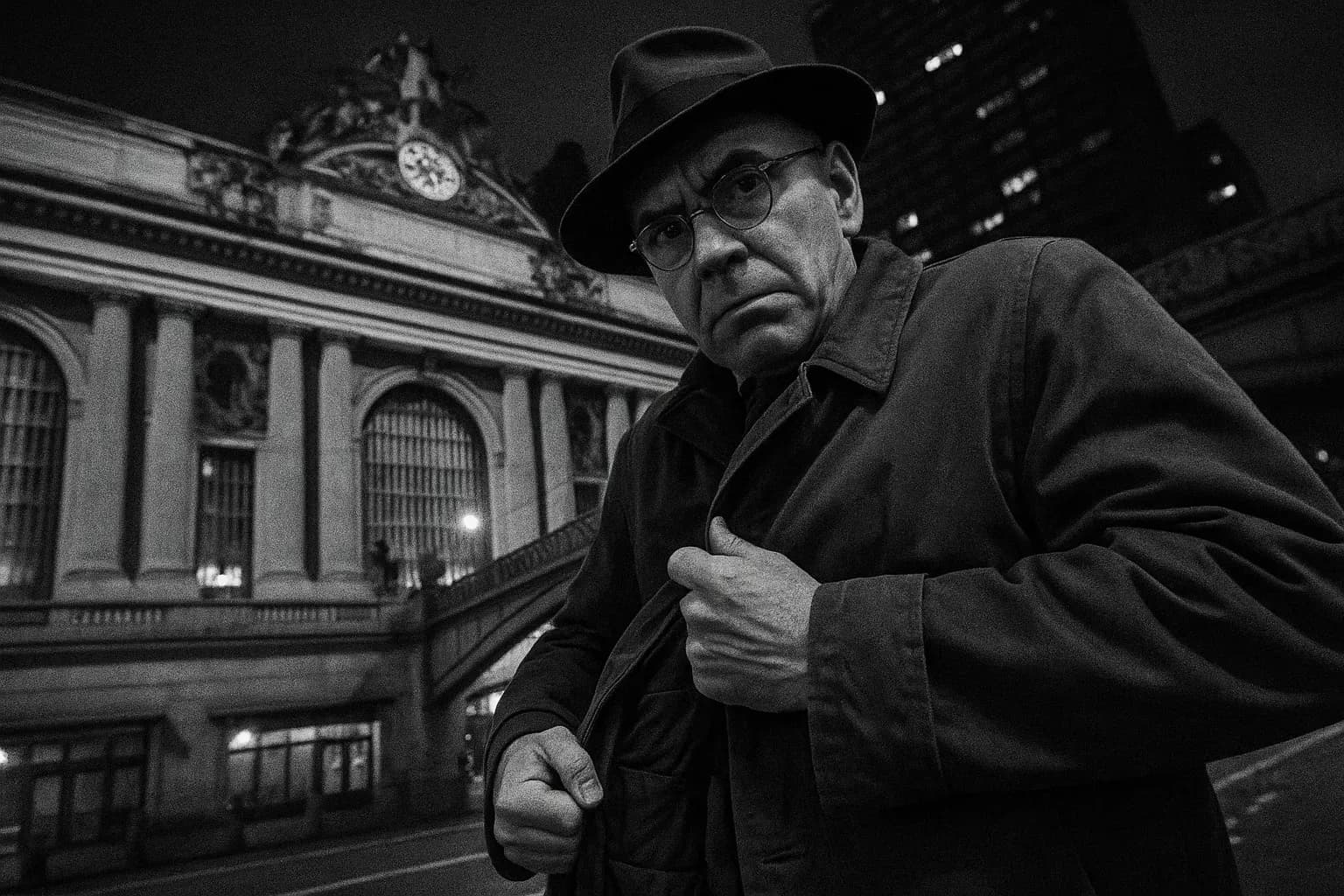 En person, der ligner George Metesky foran Grand Central Terminal i New York, diskret justerende en frakke med skjulte lommer.