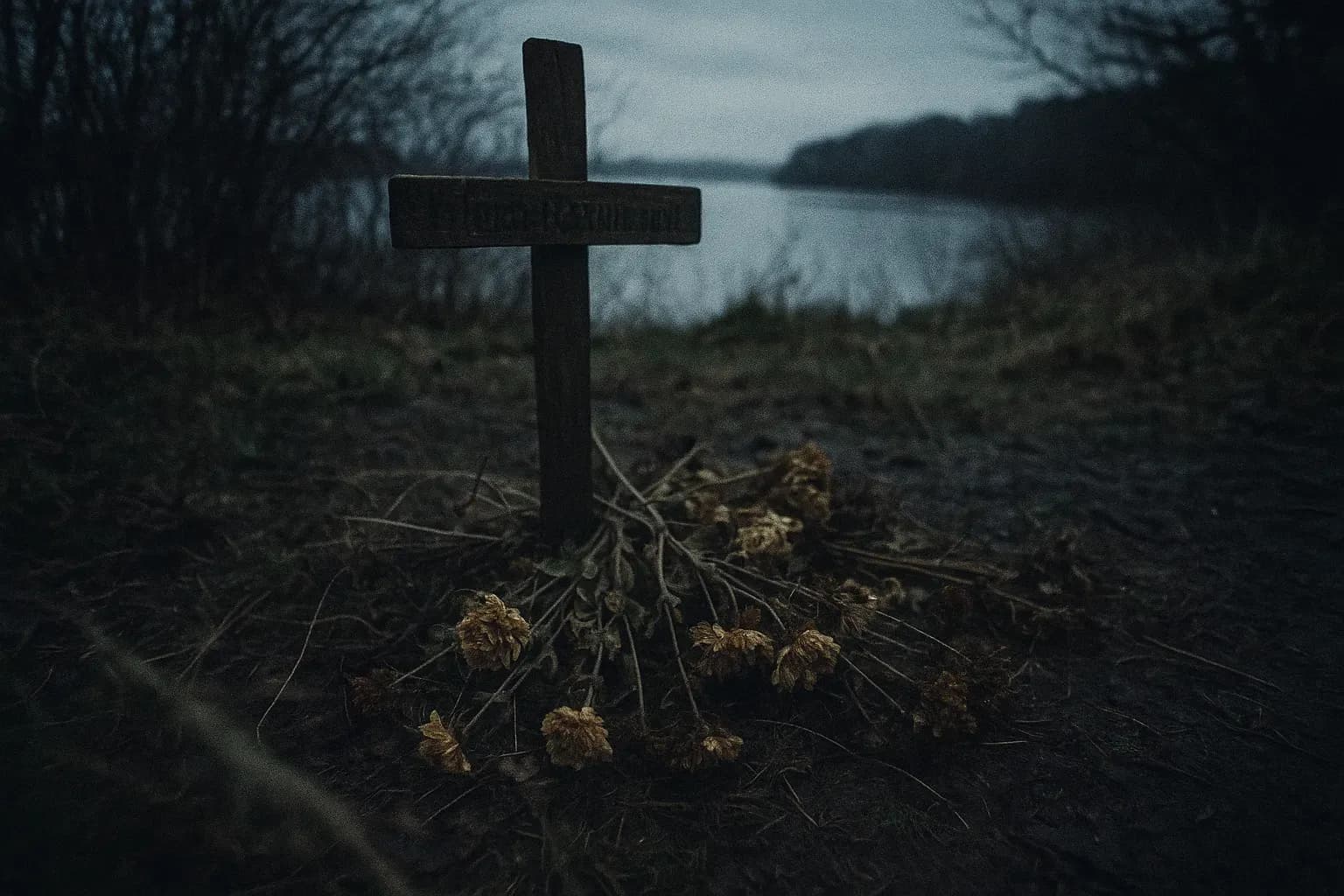 En lille trækors med Mona Rasmussens navn ligger omgivet af visne blomster i et afsides område ved Nørresø, der markerer det dystre sted, hvor hun blev fundet for årtier siden, fortsat hjemsøger Danmark.