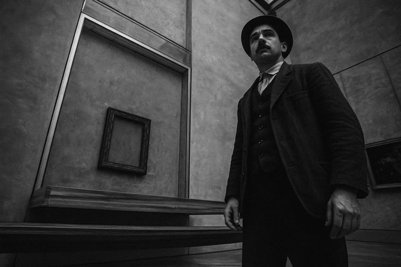 En skikkelse, der ligner Vincenzo Peruggia, står nær den tomme udstilling i Louvre-museet, hvor Mona Lisa engang hang, med et tomrum uden sit berømte mesterværk, hvilket antyder maleriets dristige tyveri i 1911.