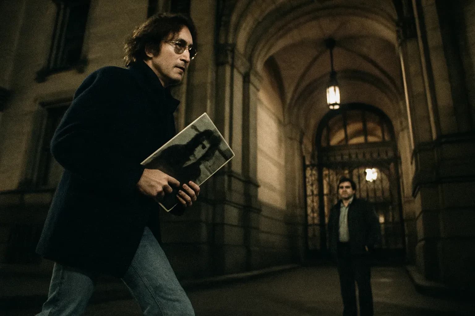 En skikkelse, der ligner John Lennon, går nær Dakotabygningens indgang, holder et pladealbum og er uvidende om Mark David Chapman, der venter i nærheden.