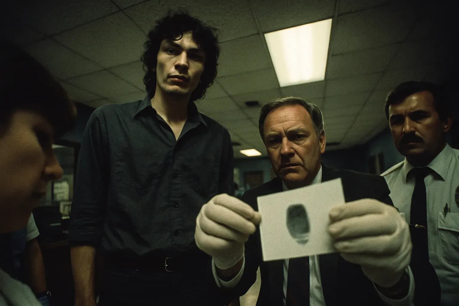 En skikkelse, der ligner Richard Ramirez, står i en svagt oplyst politistation, omgivet af kriminaltekniske efterforskere, mens de undersøger et fingeraftryk fra et gerningssted, der førte til hans anholdelse i 1985.