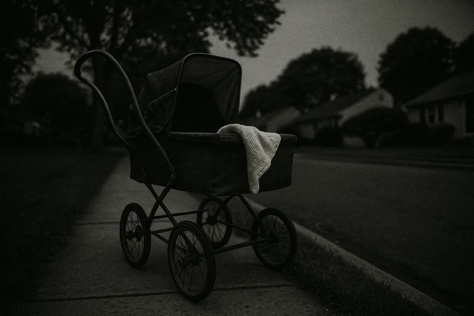 En slidt barnevogn står tom på et fortov i forstæderne på Long Island, et lille tæppe glider over kanten, hvilket symboliserer den hjemsøgte forsvinden af spædbarnet Peter Weinberger.