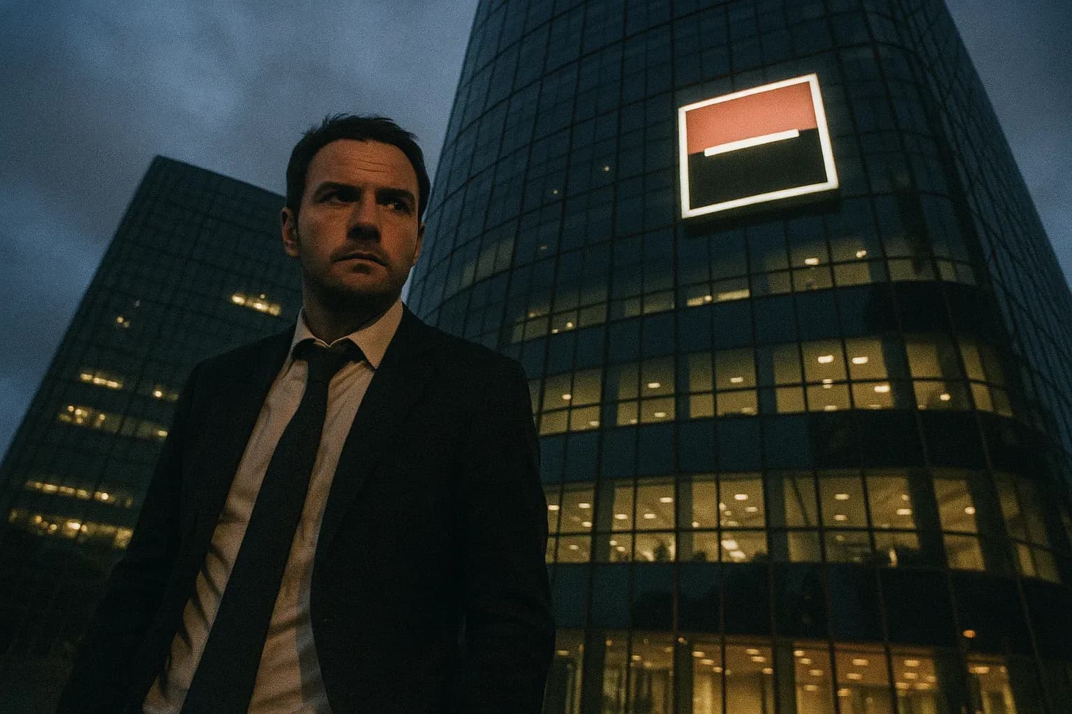 En figur, der ligner Jérôme Kerviel, står foran Société Générales hovedkvarter i Paris, med bankens logo fremtrædende på bygningen, hvilket symboliserer den finansielle skandale og systemiske fejlslag.