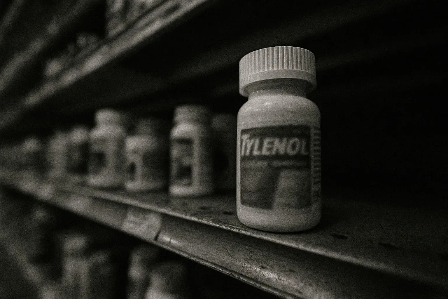 En flaske Tylenol står på en butikshylde, dens etiket delvist synlig, midt i en nødtilbagekaldelse, som symboliserer Chicagos cyanidforgiftning i 1982, der ændrede sikkerheden for håndkøbsmedicin.